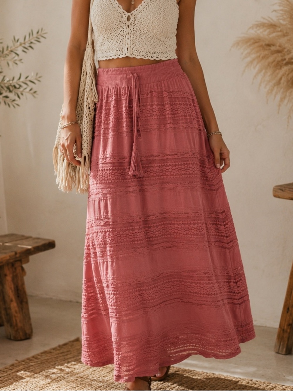 Torrid Dusty Rose Lace Boho Maxi Skirt Size 1 Plus Size Cottagecore Festival